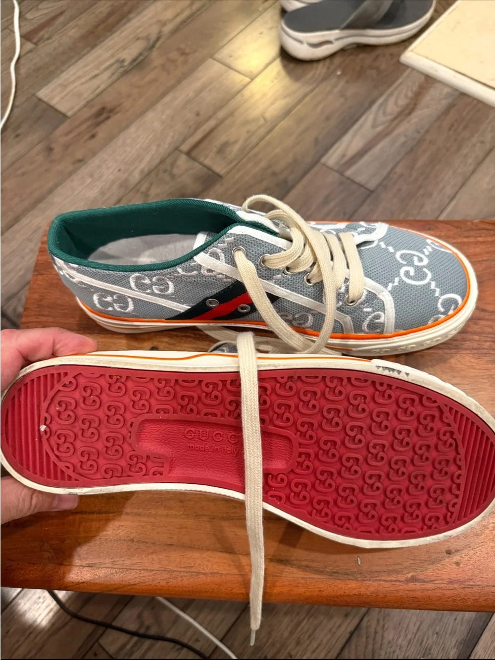 Gucci men’s size 9 Gray Canvas Sneakers with Green and Red Web and Orange Trim